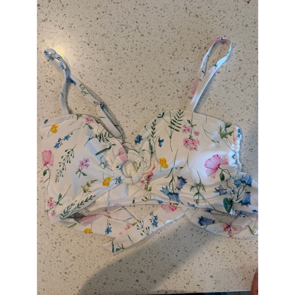 Swim Angel White Floral Tie-Front Bikini Top M